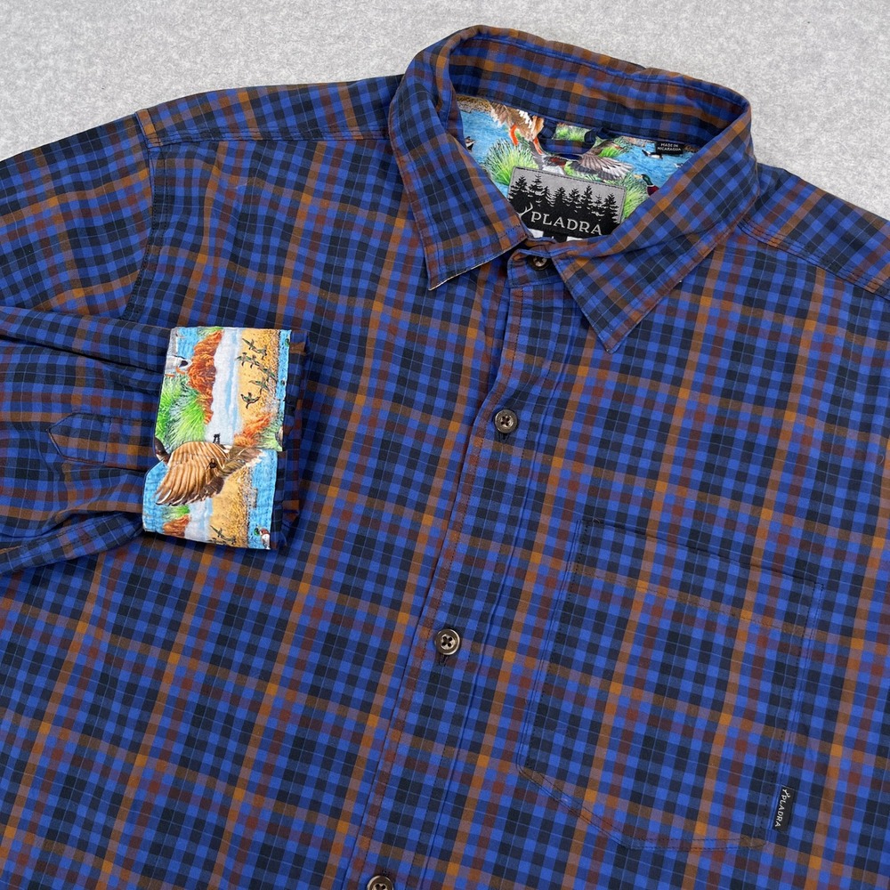 Pladra Shirt Mens Large L Blue Plaid Ducks Print Flip Cuff Long Sleeve Button Up